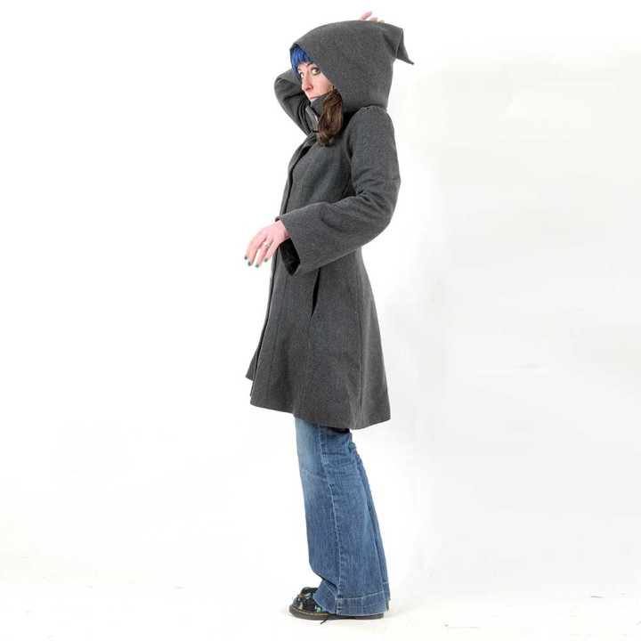 Manteau femme laine gris foncé à capuche pointue