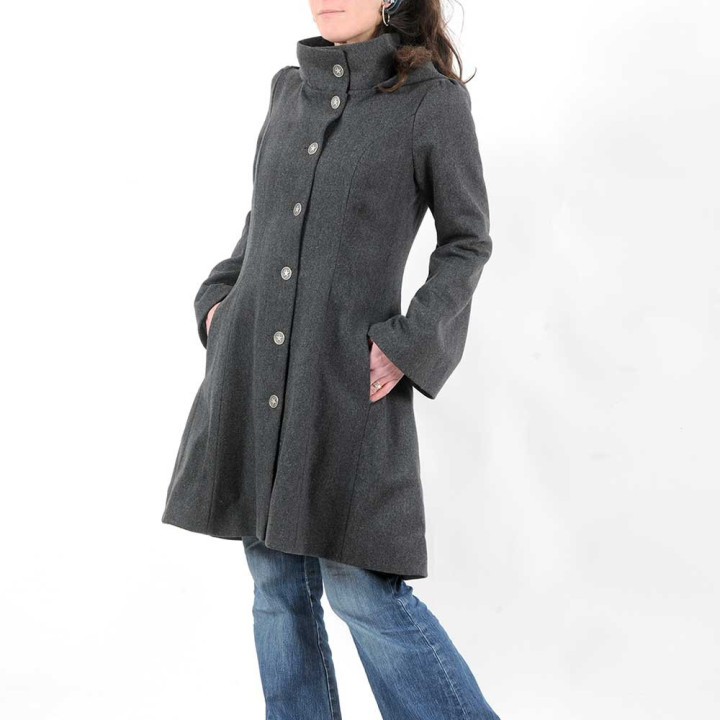 Women's dark grey wool coat with pointy hood