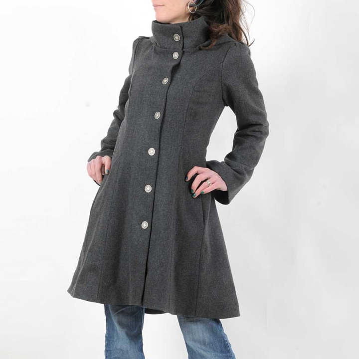 Manteau femme laine gris foncé à capuche pointue