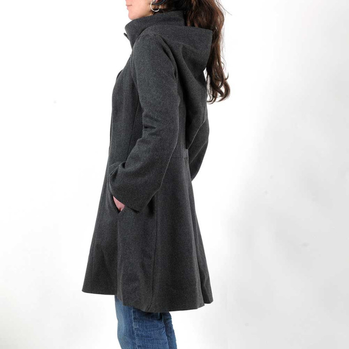 Women's dark grey wool coat with pointy hood