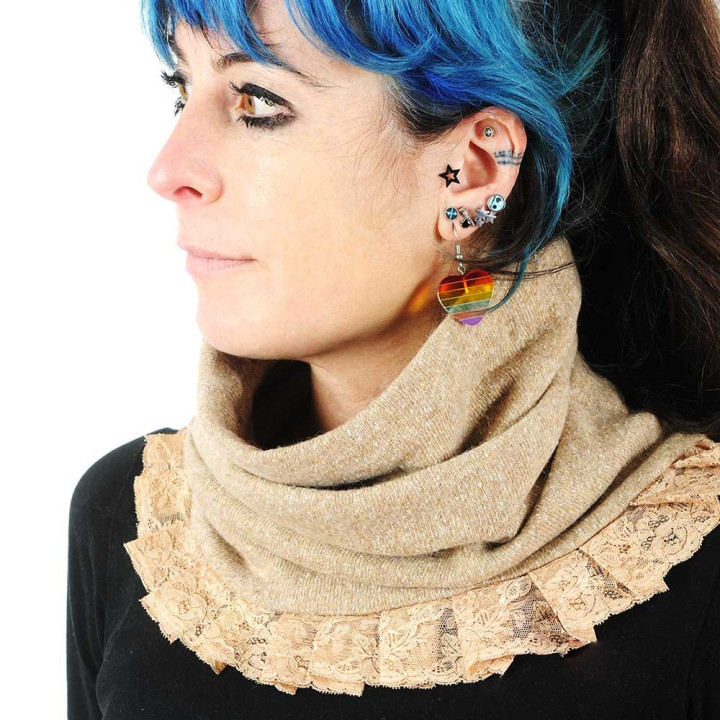 Beige wool knit pleated snood with lace ruffles