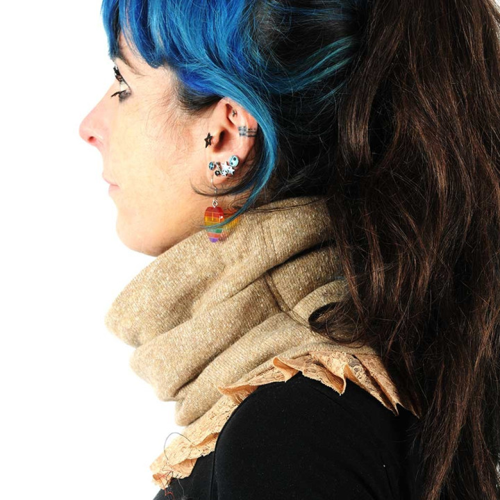 Beige wool knit pleated snood with lace ruffles