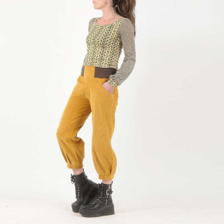 Pantalon femme 4/5 velours côtelé jaune moutarde, ceinture jersey
