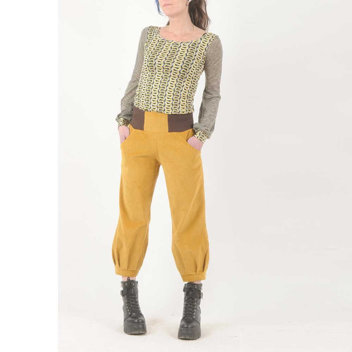 Womens mustard yellow corduroy pants with jersey belt