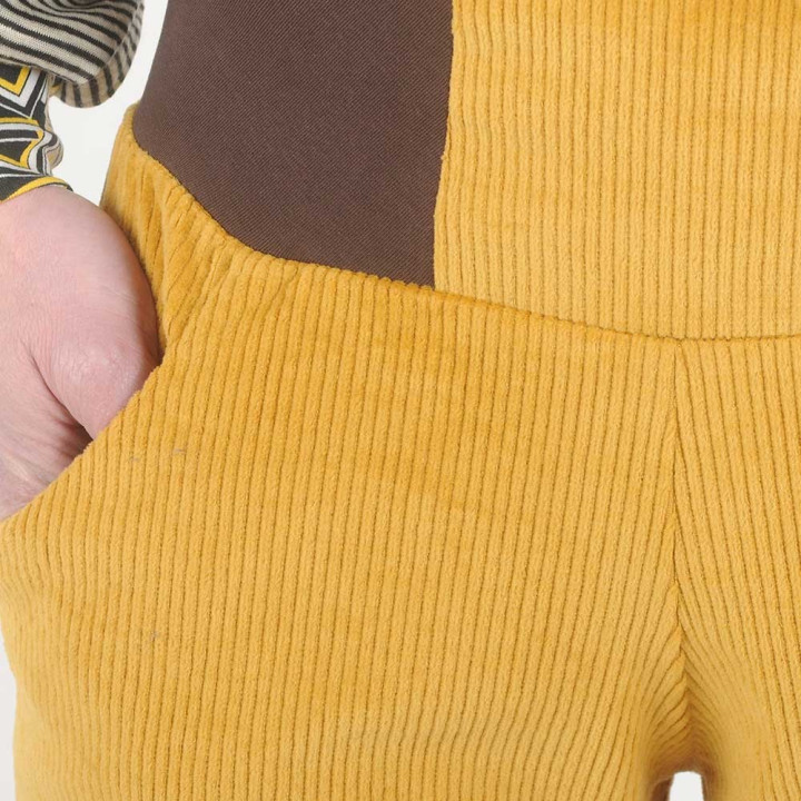 Pantalon femme 4/5 velours côtelé jaune moutarde, ceinture jersey