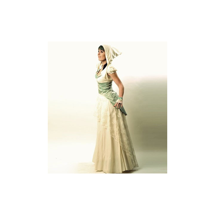 Robe de mariée originale  à bustier lacé, bleu et ivoire soie et dentelle