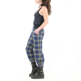 Pantacourt femme lainage écossais vintage bleu et jaune