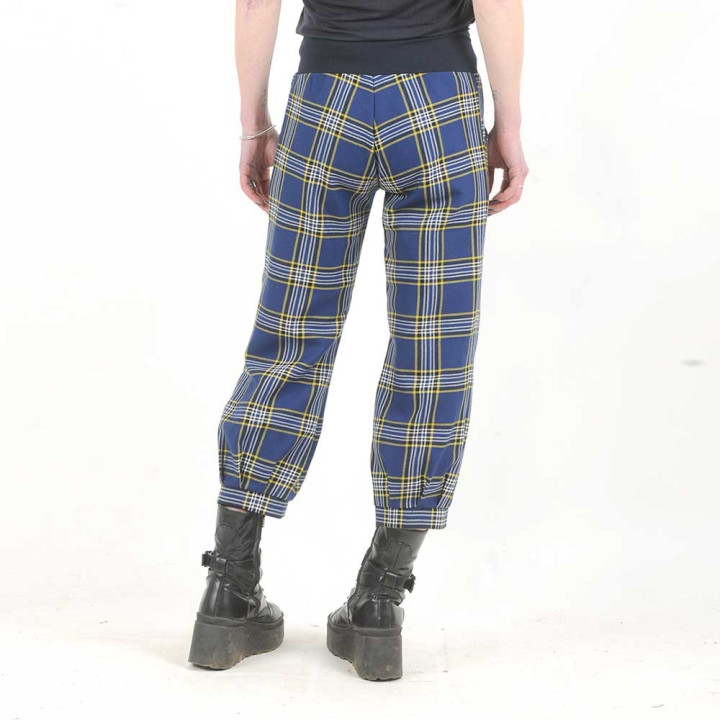 Pantacourt femme lainage écossais vintage bleu et jaune