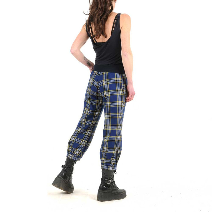Womens blue and yellow plaid cropped pants, vintage wool, stretchy belt