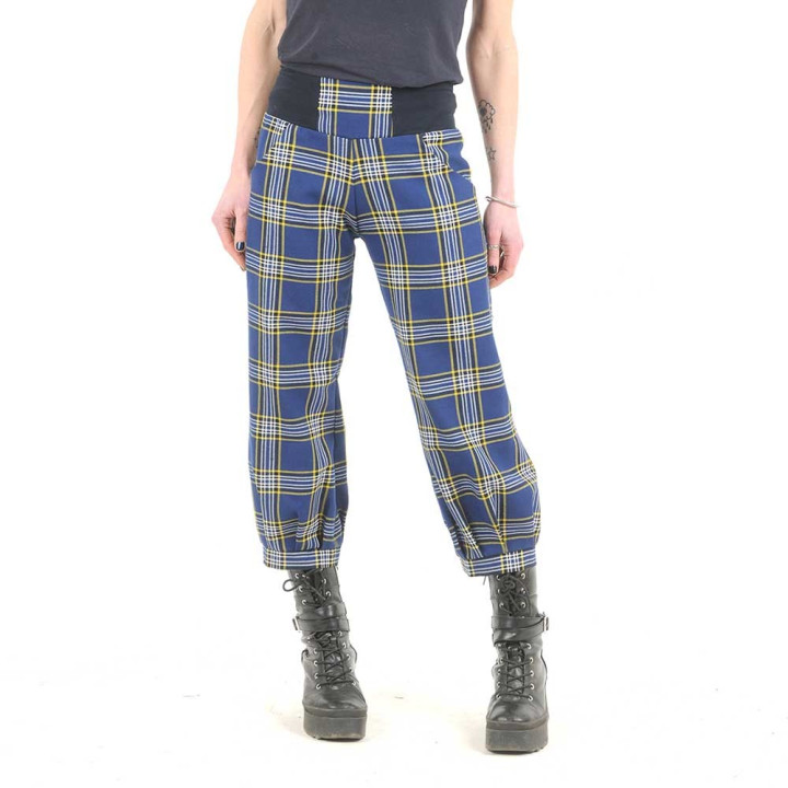 Womens blue and yellow plaid cropped pants, vintage wool, stretchy belt
