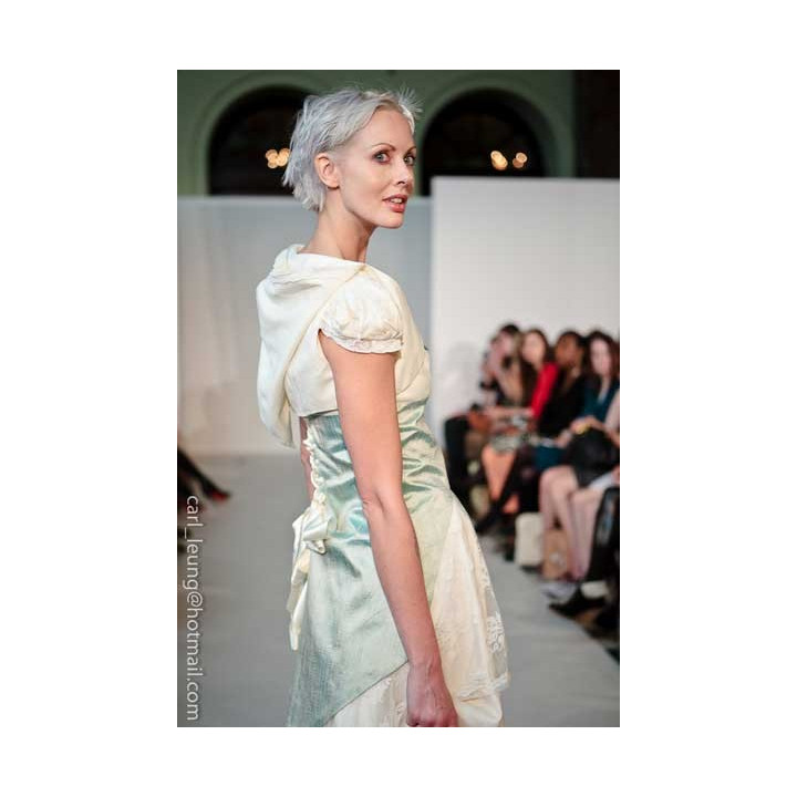 Silk and lace long wedding gown with lace-up blue swallowtail
