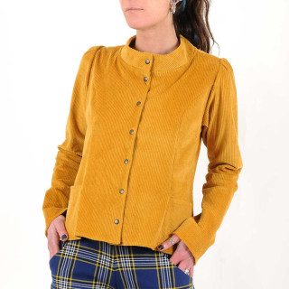 Veste femme ajustée, velours côtelé jaune moutarde, col officier