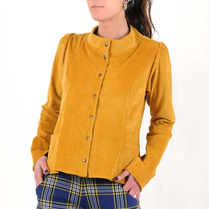 Fitted mustard yellow corduroy jacket with officer collar