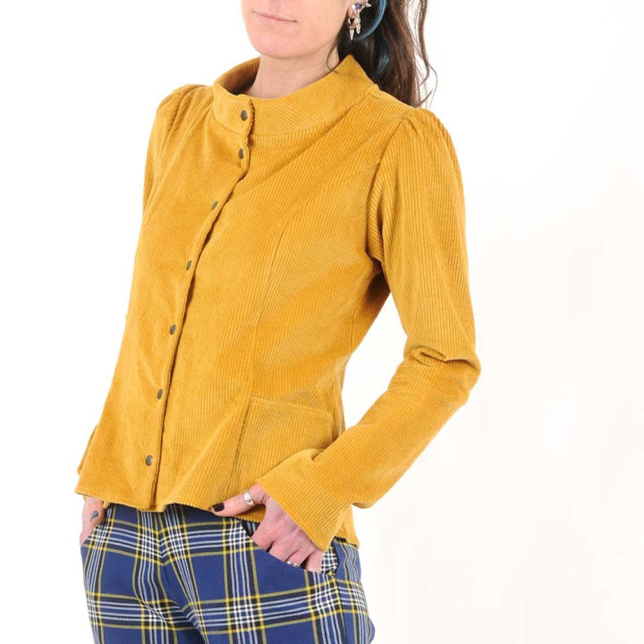 Fitted mustard yellow corduroy jacket with officer collar