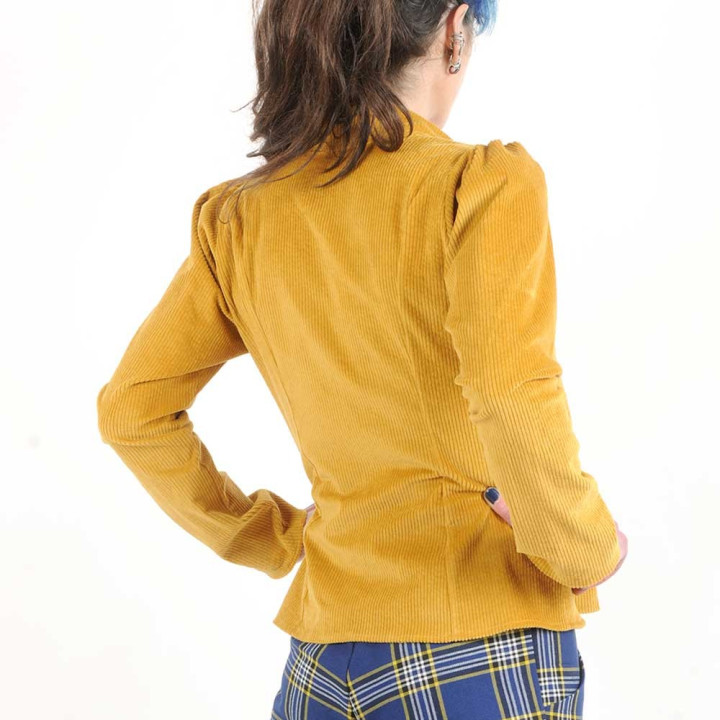 Veste femme ajustée, velours côtelé jaune moutarde, col officier