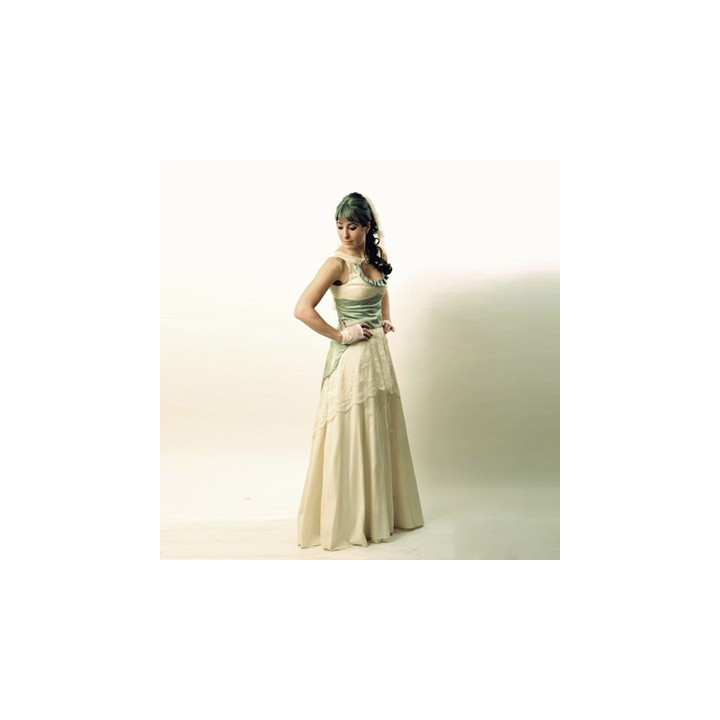 Silk and lace long wedding gown with lace-up blue swallowtail