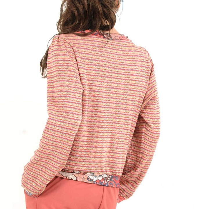 Pink tones summer knit blouse with boat cowl