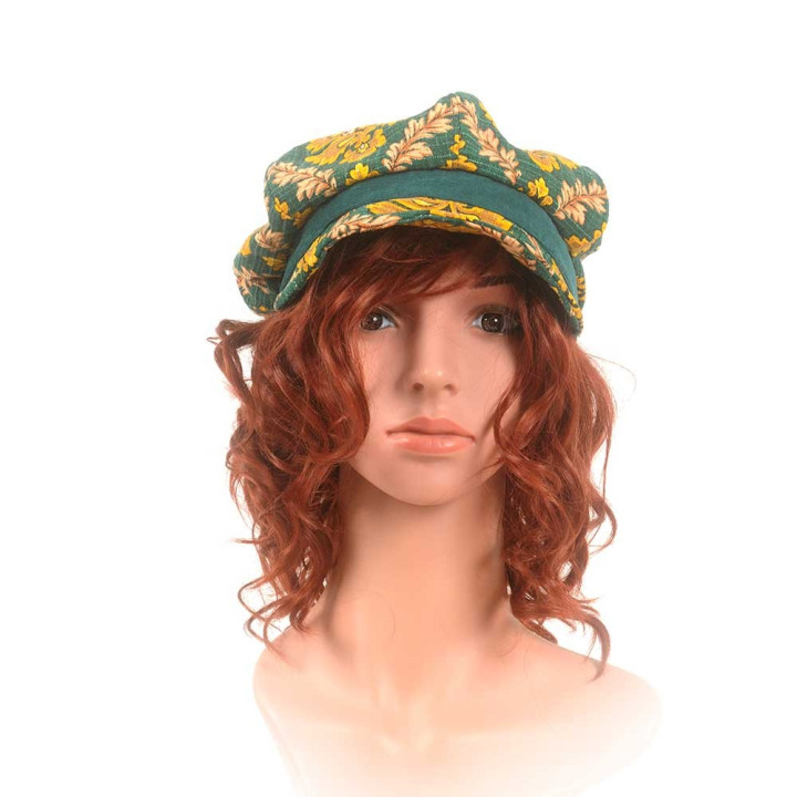 Casquette gavroche tissu vintage vert et jaune fleuri