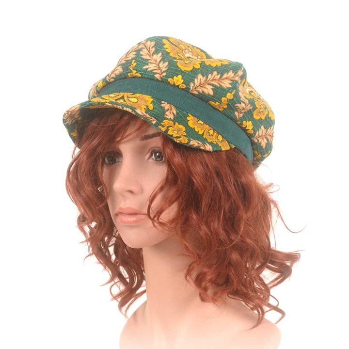 Floral newsboy cap hat, vintage green and yellow cotton