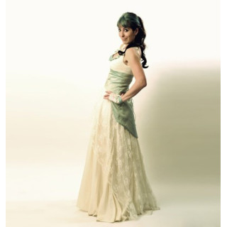 Robe de mariée originale à bustier lacé, bleu et ivoire soie et dentelle