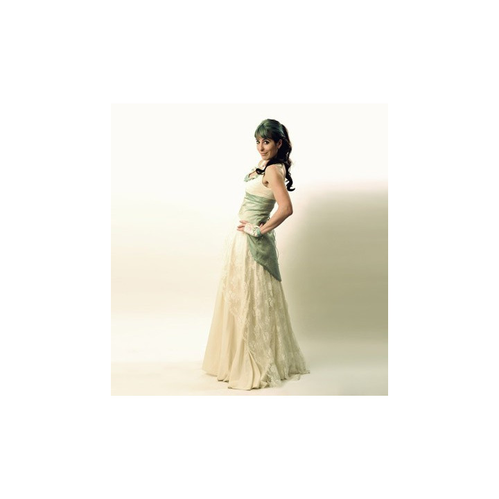 Silk and lace long wedding gown with lace-up blue swallowtail