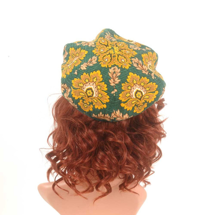 Floral newsboy cap hat, vintage green and yellow cotton