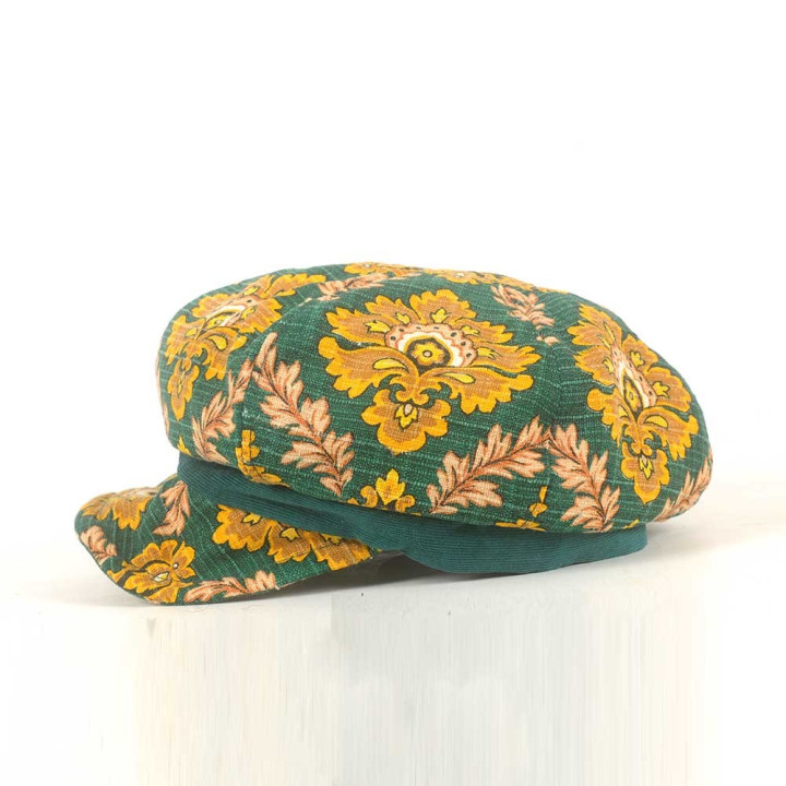 Floral newsboy cap hat, vintage green and yellow cotton