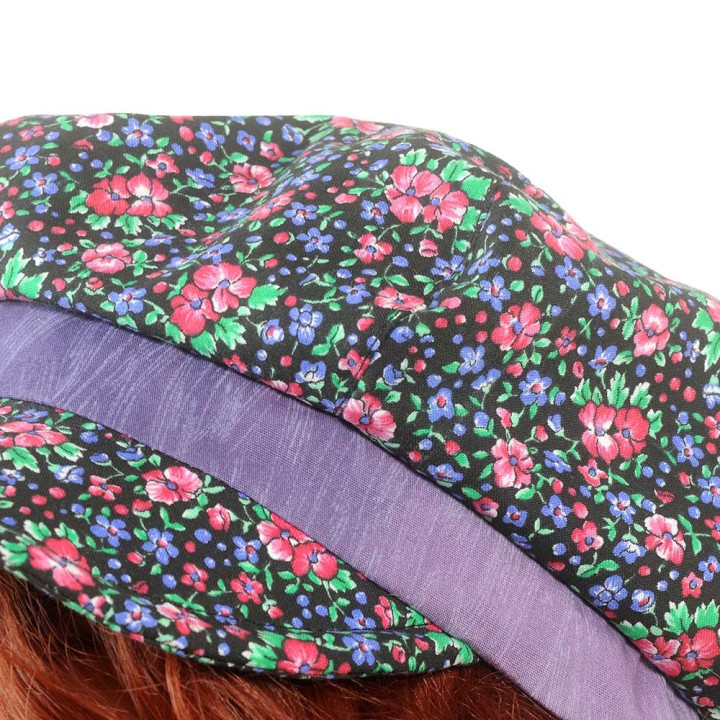 Purple, pink and green floral newsboy cap hat, vintage cotton
