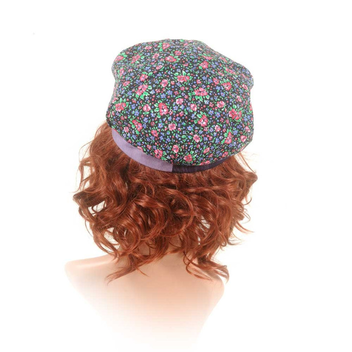 Purple, pink and green floral newsboy cap hat, vintage cotton