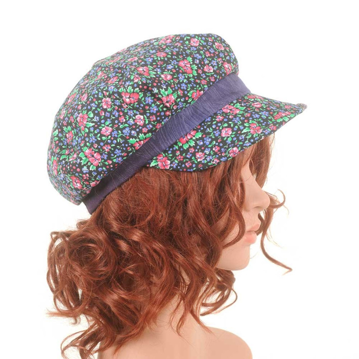 Purple, pink and green floral newsboy cap hat, vintage cotton