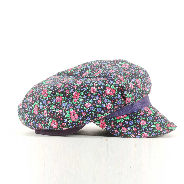 Purple, pink and green floral newsboy cap hat, vintage cotton