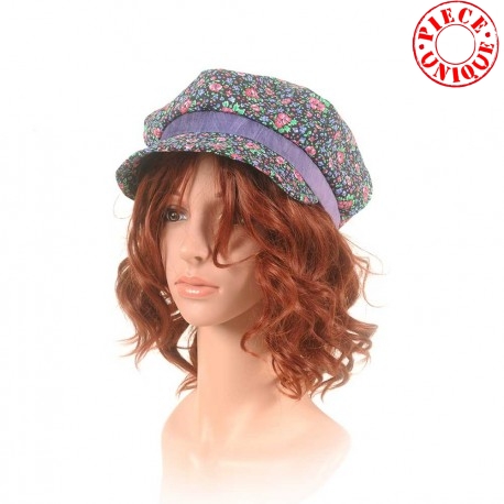 Casquette gavroche coton vintage fleuri violet rose vert