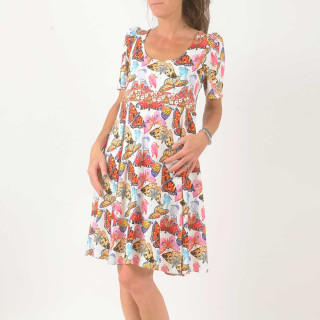 Robe courte jersey papillons colorés, manches courtes