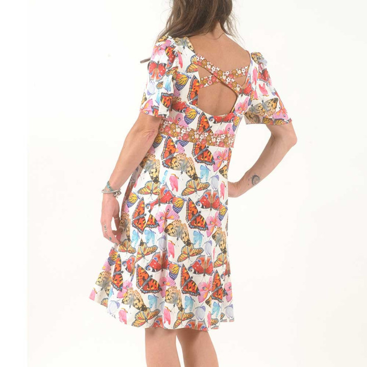 Short colorful jersey dress with butterfly print, short sleeves