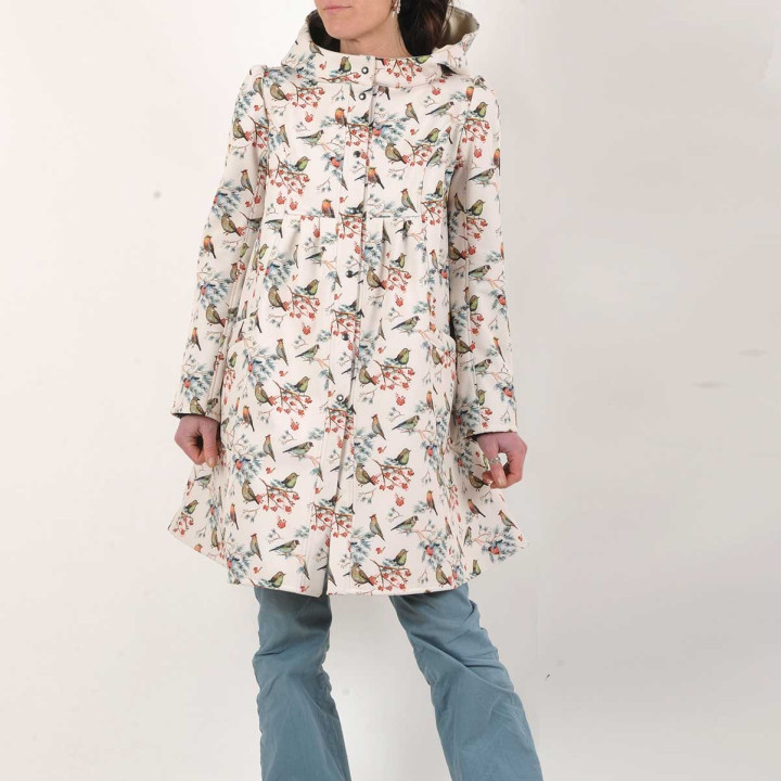 Off-white softshell raincoat with bird print