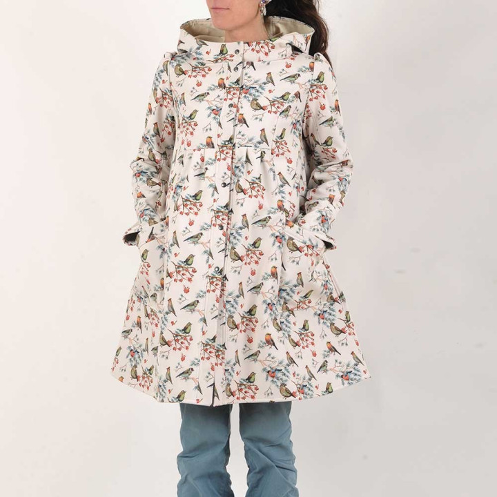 Manteau imperméable polaire imprimé oiseaux fond écru