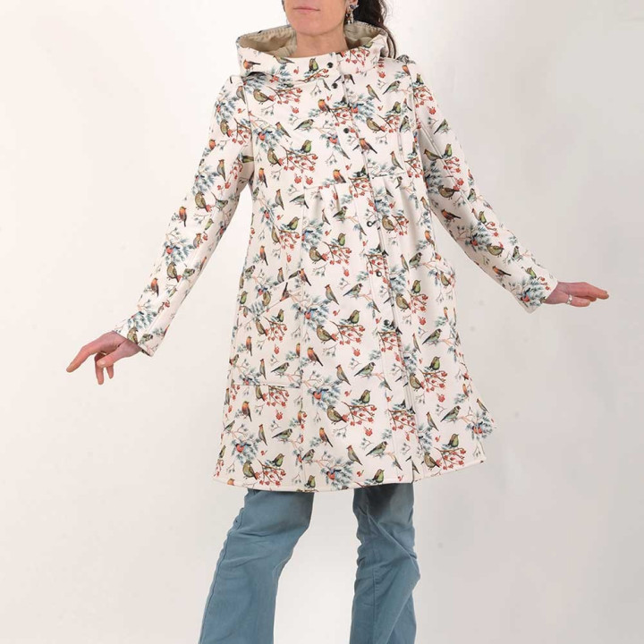 Manteau imperméable polaire imprimé oiseaux fond écru