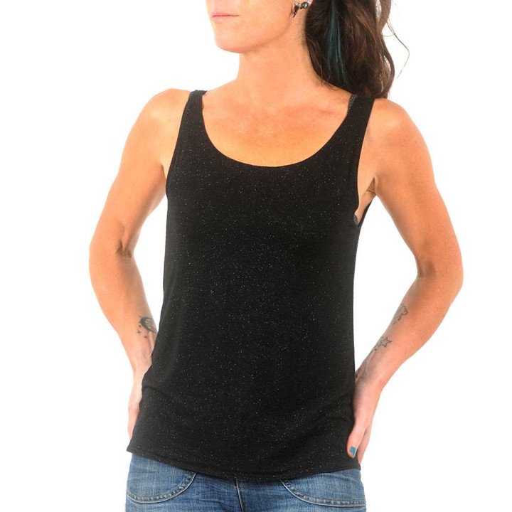 Sleeveless, gilttery black jersey tank top