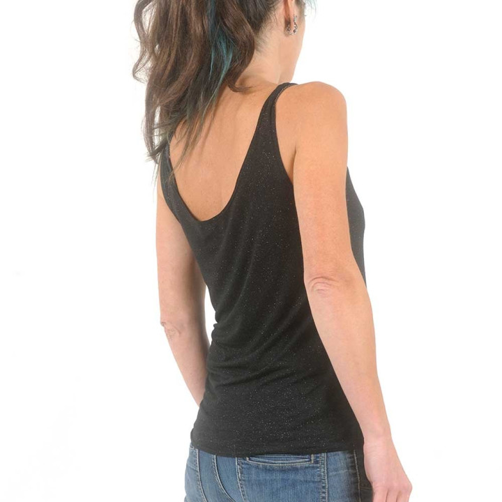 Sleeveless, gilttery black jersey tank top