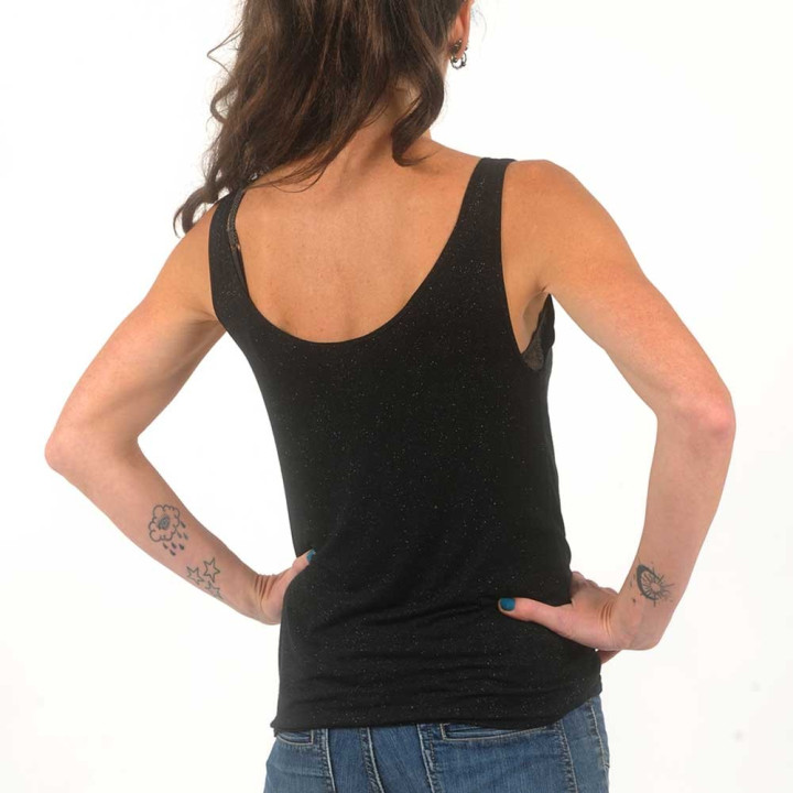Sleeveless, gilttery black jersey tank top