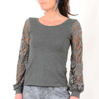Grey cotton fitted top with long puffy sleeves, floral devoured mesh