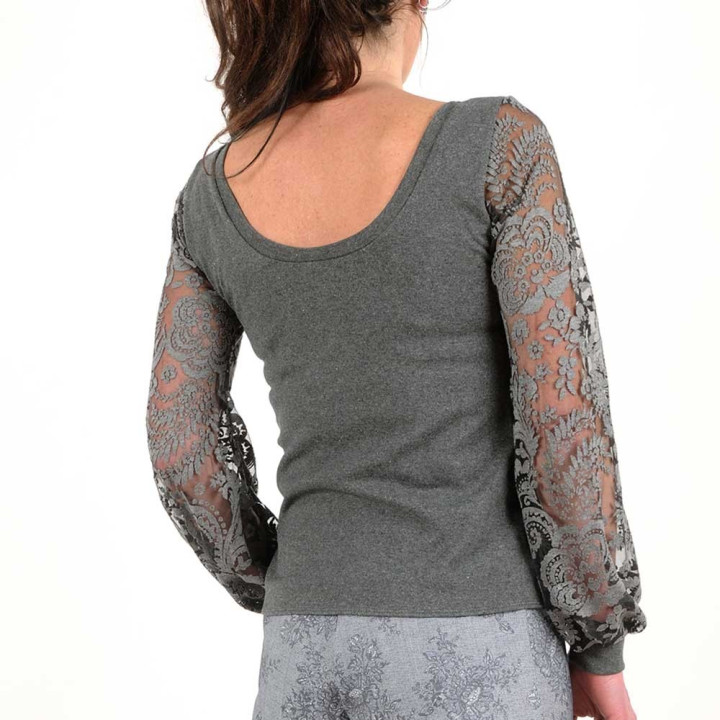 Grey cotton fitted top with long puffy sleeves, floral devoured mesh