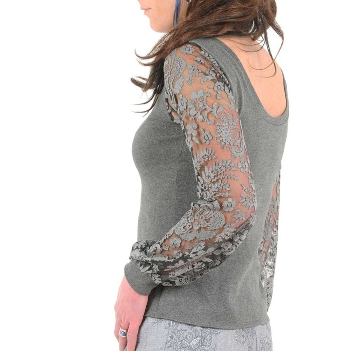 Grey cotton fitted top with long puffy sleeves, floral devoured mesh