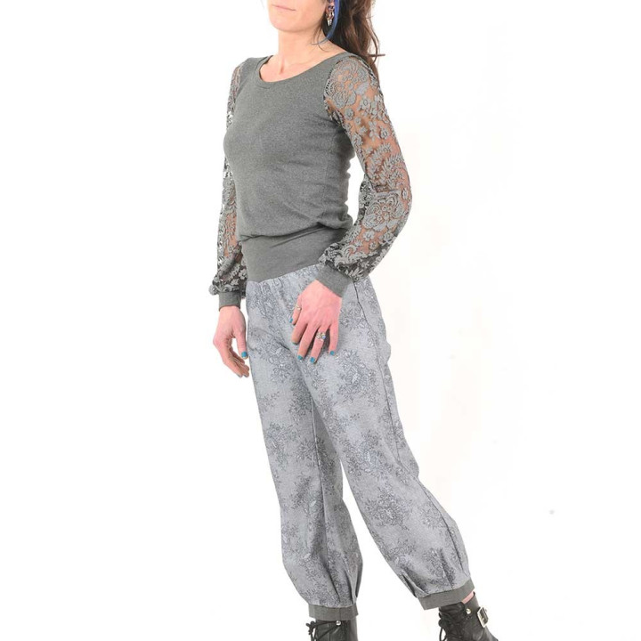 Grey cotton fitted top with long puffy sleeves, floral devoured mesh