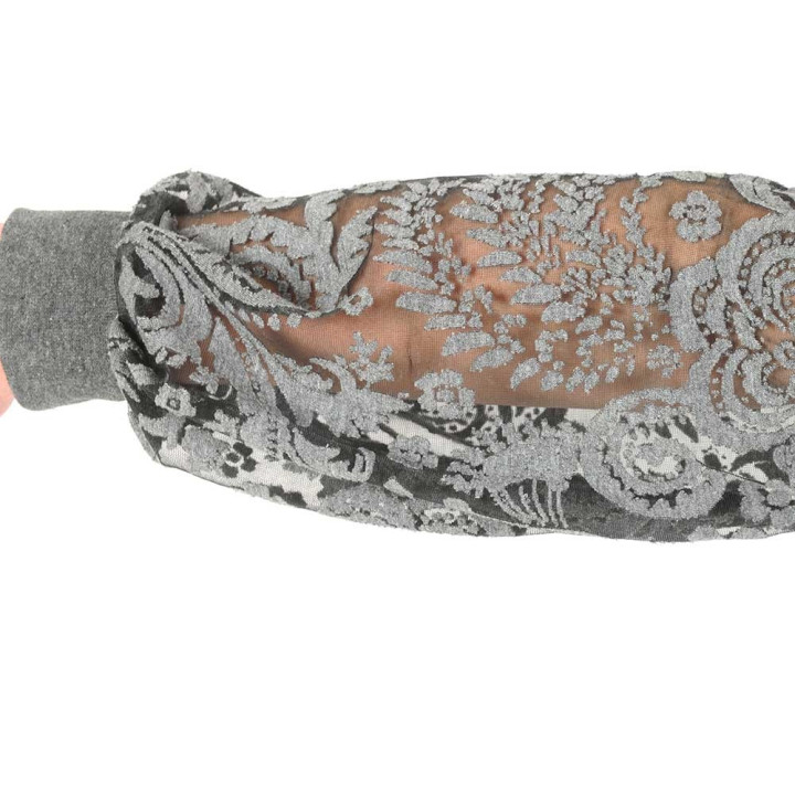 Grey cotton fitted top with long puffy sleeves, floral devoured mesh