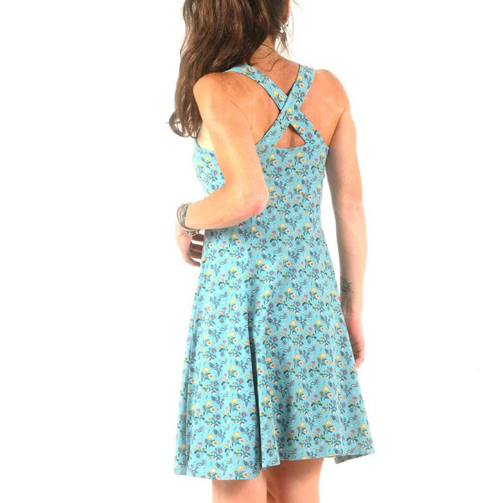 Robe en jersey de coton bleu turquoise fleuri, à bretelles croisées dos