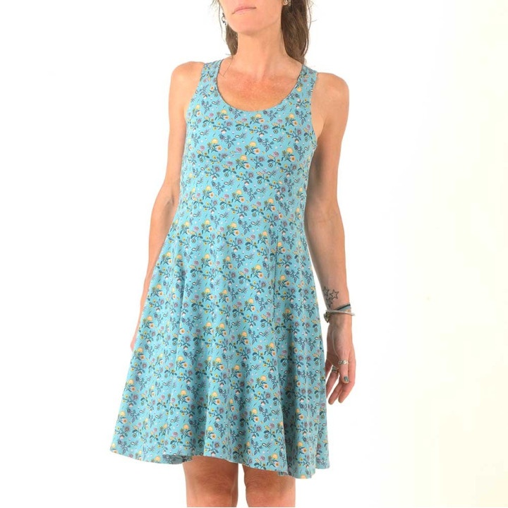 Blue cotton jersey dress with floral print, crossed straps and flared cut
