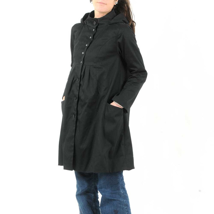 Manteau trapèze en coton noir de mi-saison, capuche ronde