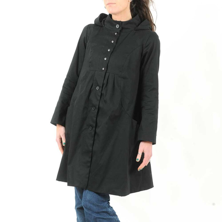 Black cotton spring coat with round hood