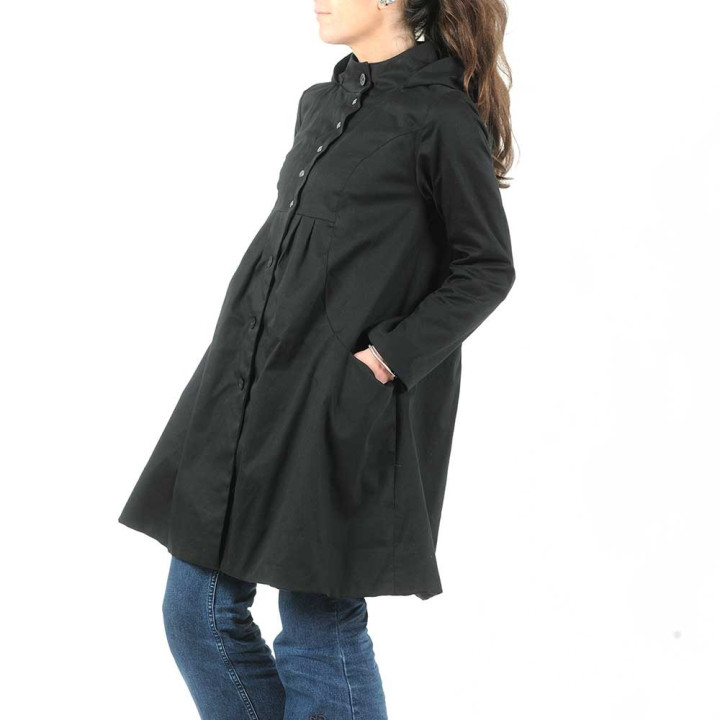 Manteau trapèze en coton noir de mi-saison, capuche ronde